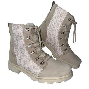 SOREL Lennox Cozy Moto Boots Sz 10.5 Shearling Lined Beige Suede Tweed Combat